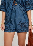 Zimmermann Aster Embroidered Belted Denim Shorts Blue
