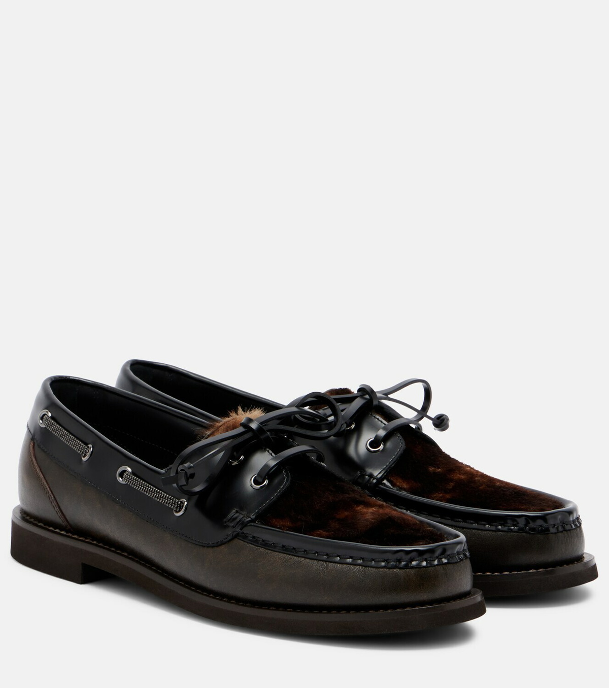 Brunello Cucinelli Monili calf hair-trimmed leather boat shoes