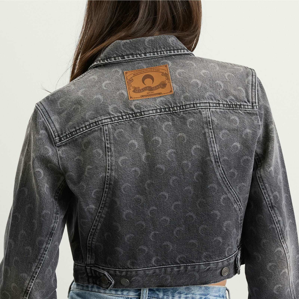 Marine Serre Women's Moon Laser Denim Crop Jacket in Dark Grey