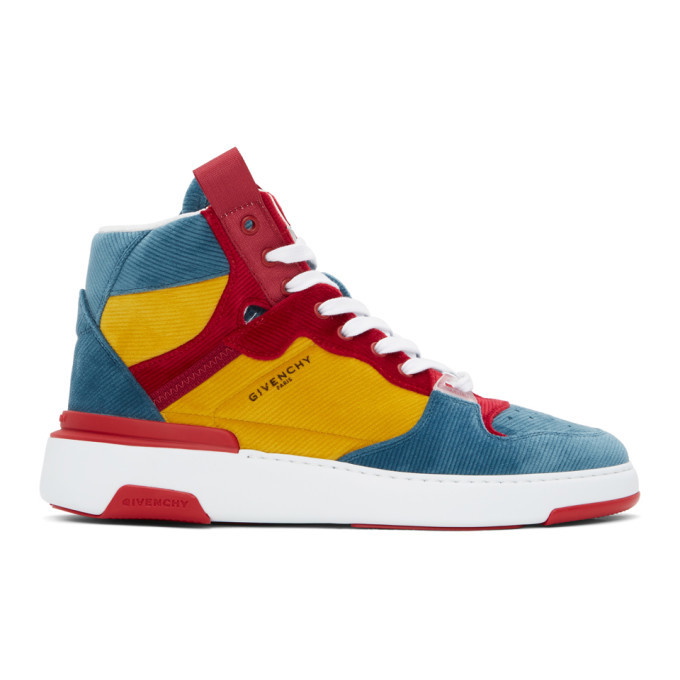 Photo: Givenchy Blue and Yellow Ribbed Velvet Three-Toned Wing Sneakers
