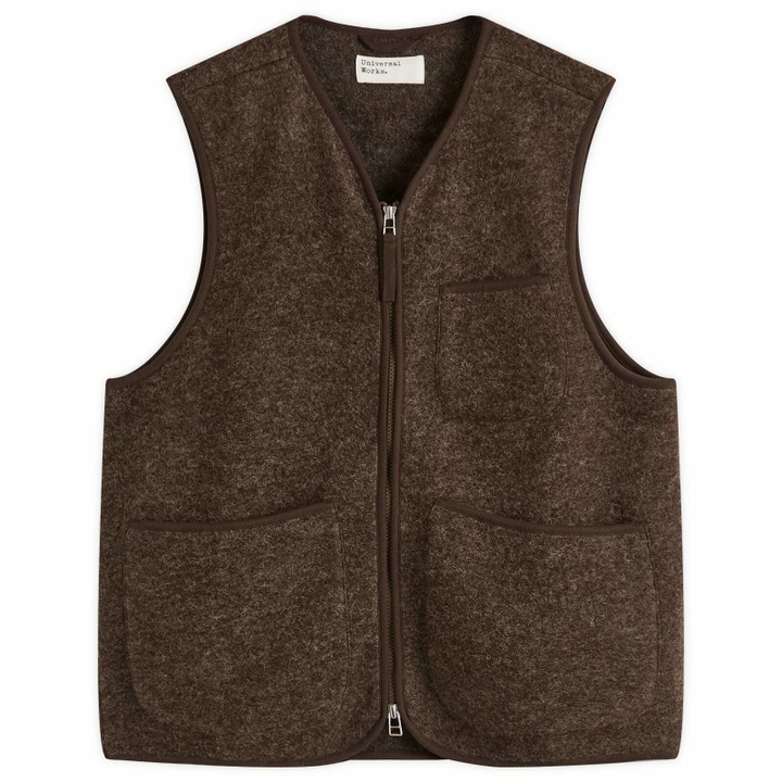 Photo: Universal Works Men's Wool Fleece Zip Gilet - Presented by END. in Brown