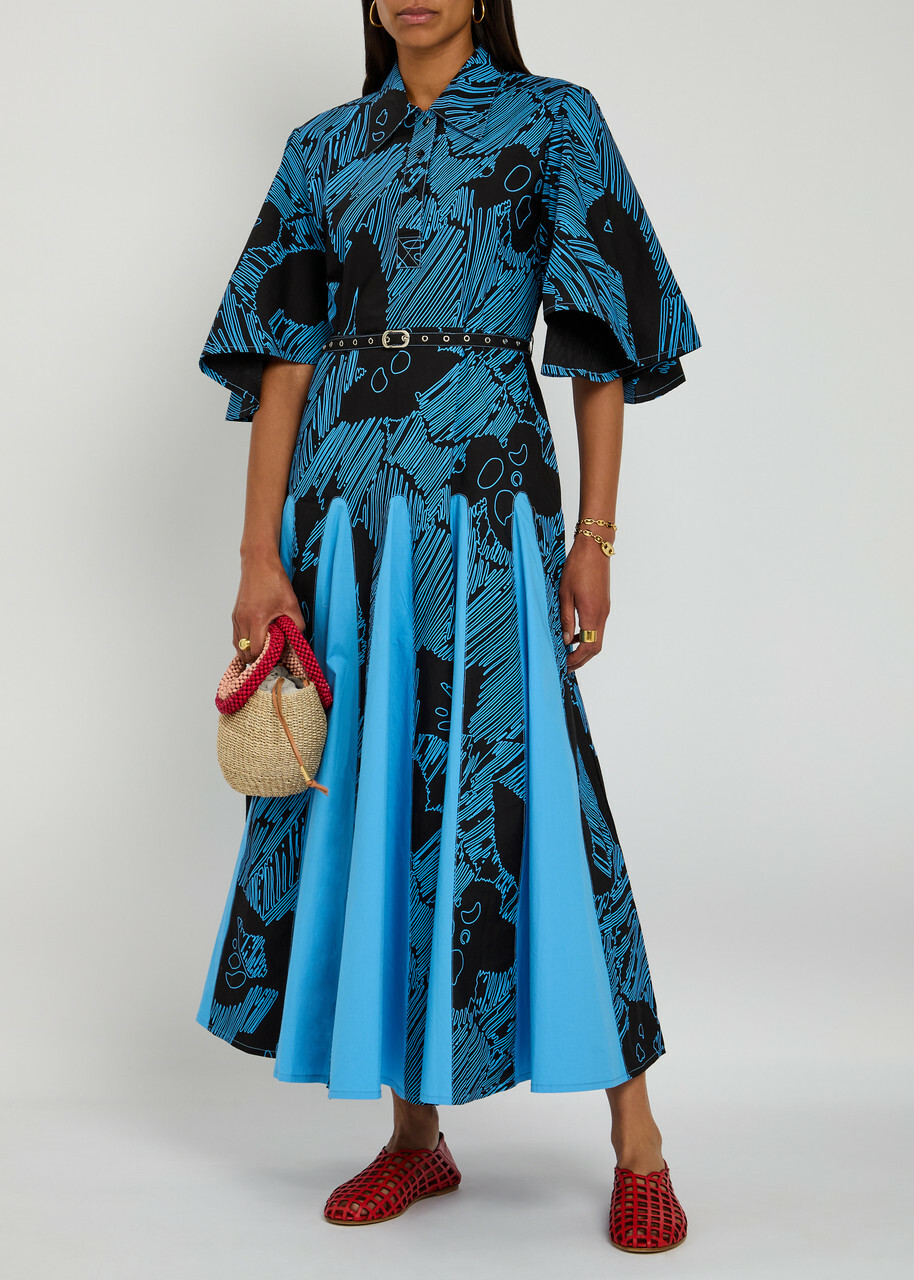 Lovebirds Daisy Printed Cotton-poplin Midi Dress Blue