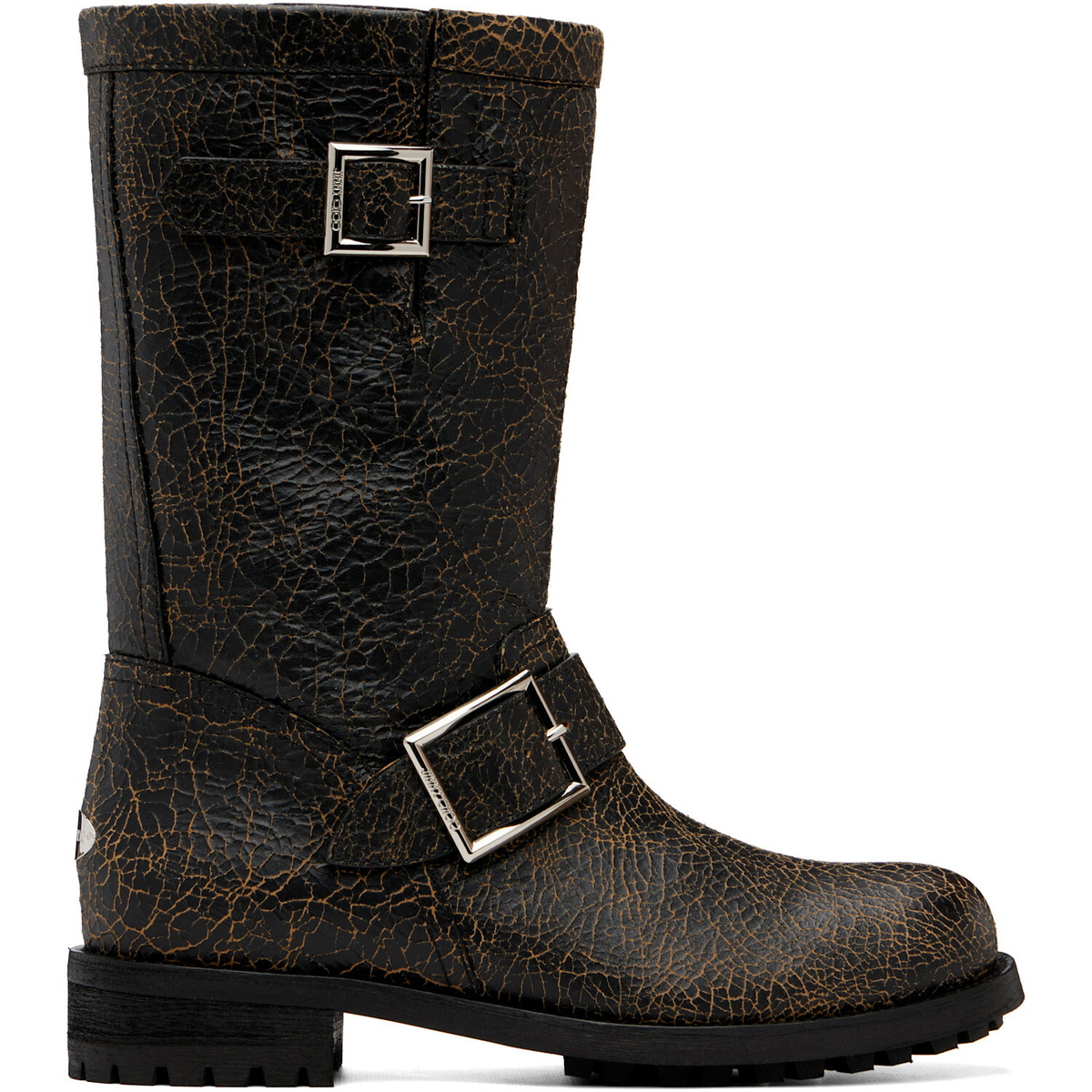 Jimmy Choo Black Biker Midcrackled Leather Boots