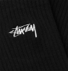 Stüssy - Logo-Embroidered Ribbed Stretch Cotton-Blend Socks - Black