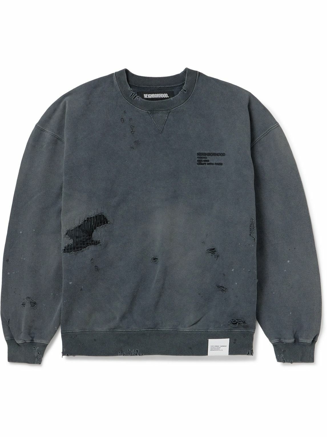 Photo: Neighborhood - Savage Logo-Embroidered Appliquéd Distressed Cotton-Jersey Sweatshirt - Gray