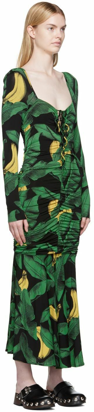 ganni green and black dress Ganni Printed Draped Jersey Gathered Midi Dress - Black/Green