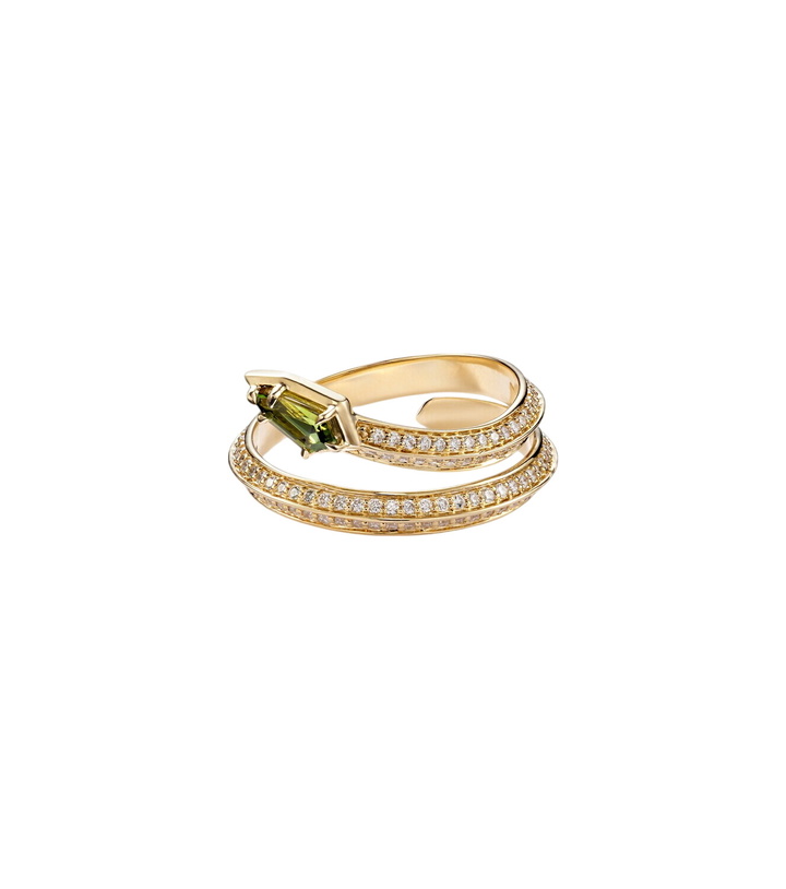 Photo: Stone and Strand Shield Serpent 14kt gold ring with diamonds and green tourmaline