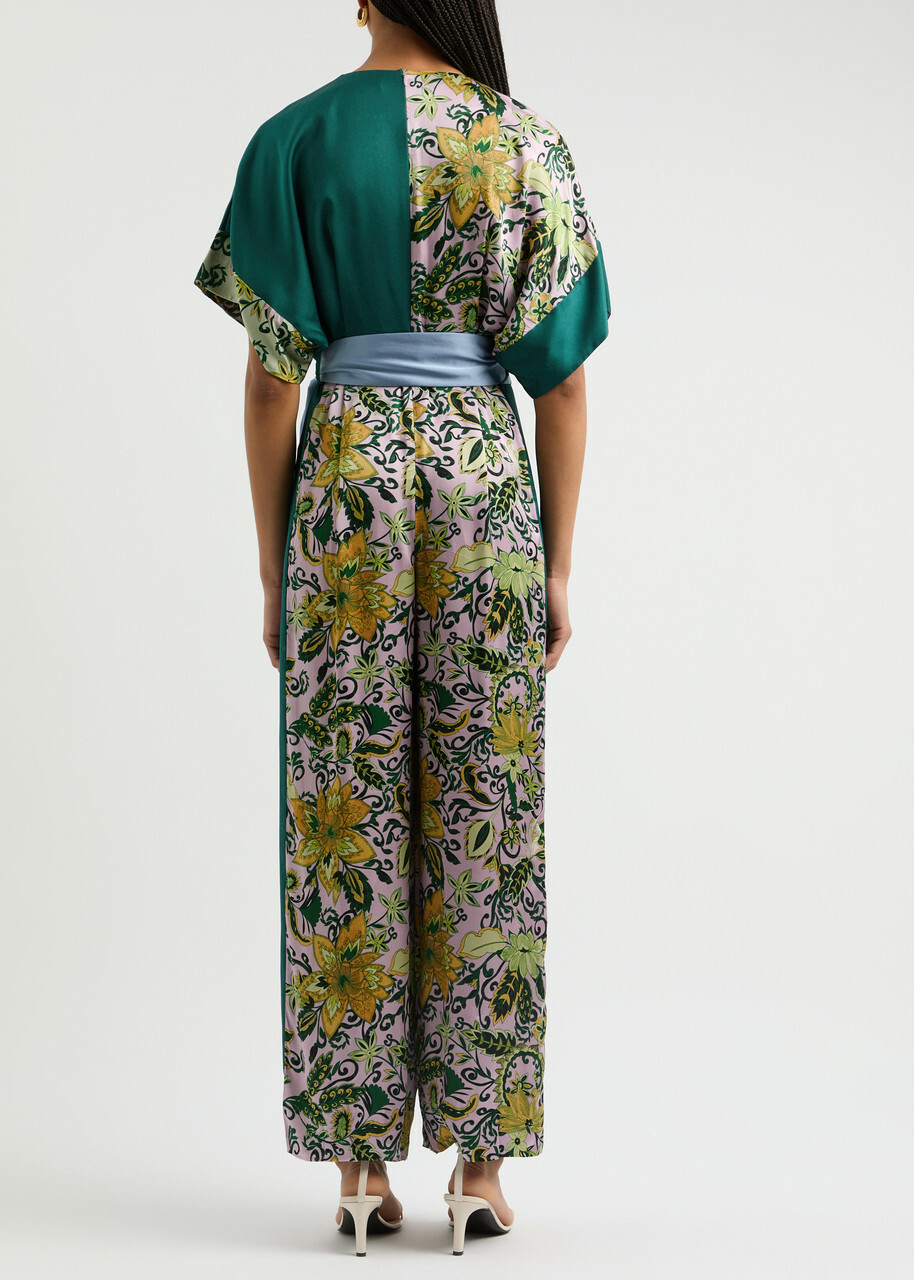 Diane Von Furstenberg Rinna Patchwork Satin Jumpsuit Green
