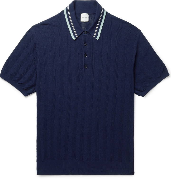 Photo: Paul Smith - Contrast-Tipped Knitted Cotton Polo Shirt - Blue