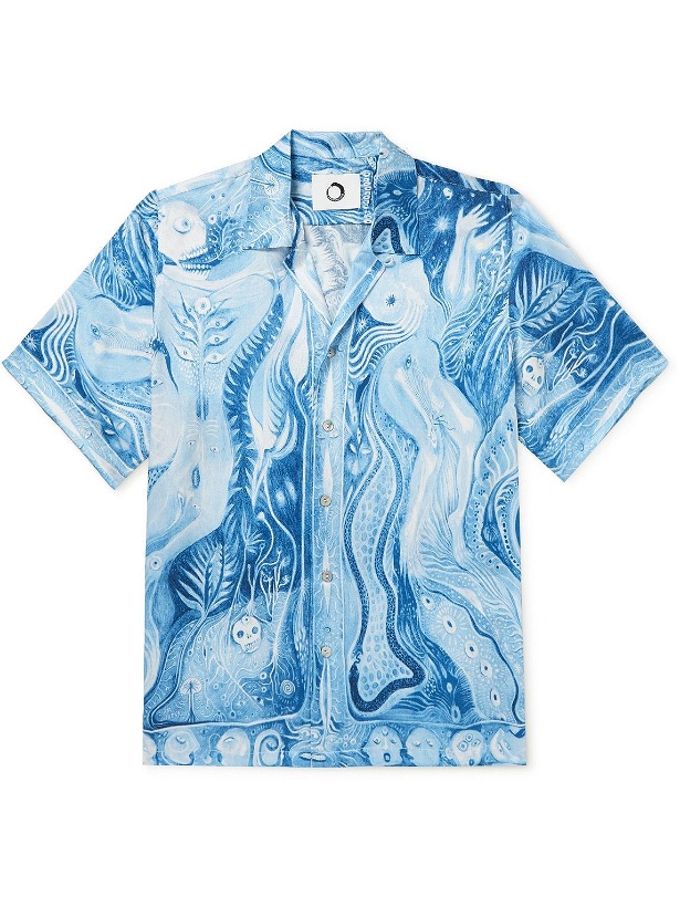 Photo: Endless Joy - Dark Star Camp-Collar Printed Organic Silk-Satin Shirt - Blue