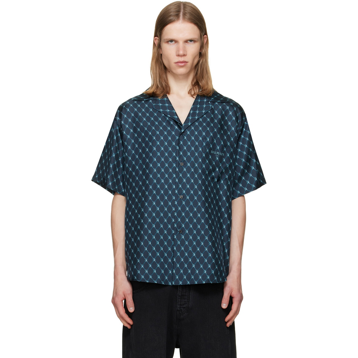 BALMAIN Navy Grid Print Silk Loose S/S Shirt