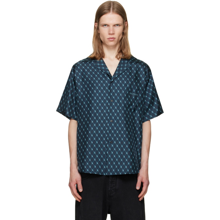 Photo: BALMAIN Navy Grid Print Silk Loose S/S Shirt