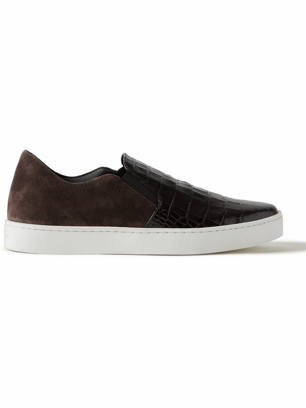 Photo: Manolo Blahnik - Nadores Suede and Croc-Effect Leather Slip-On Sneakers - Brown