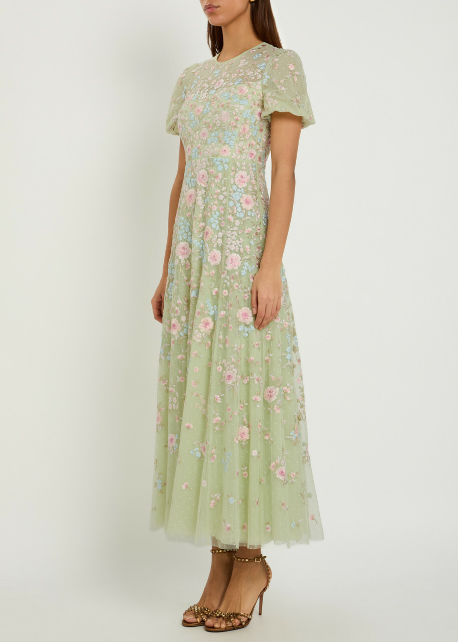 Needle & Thread Peony Floral-embroidered Tulle Midi Dress Light Green