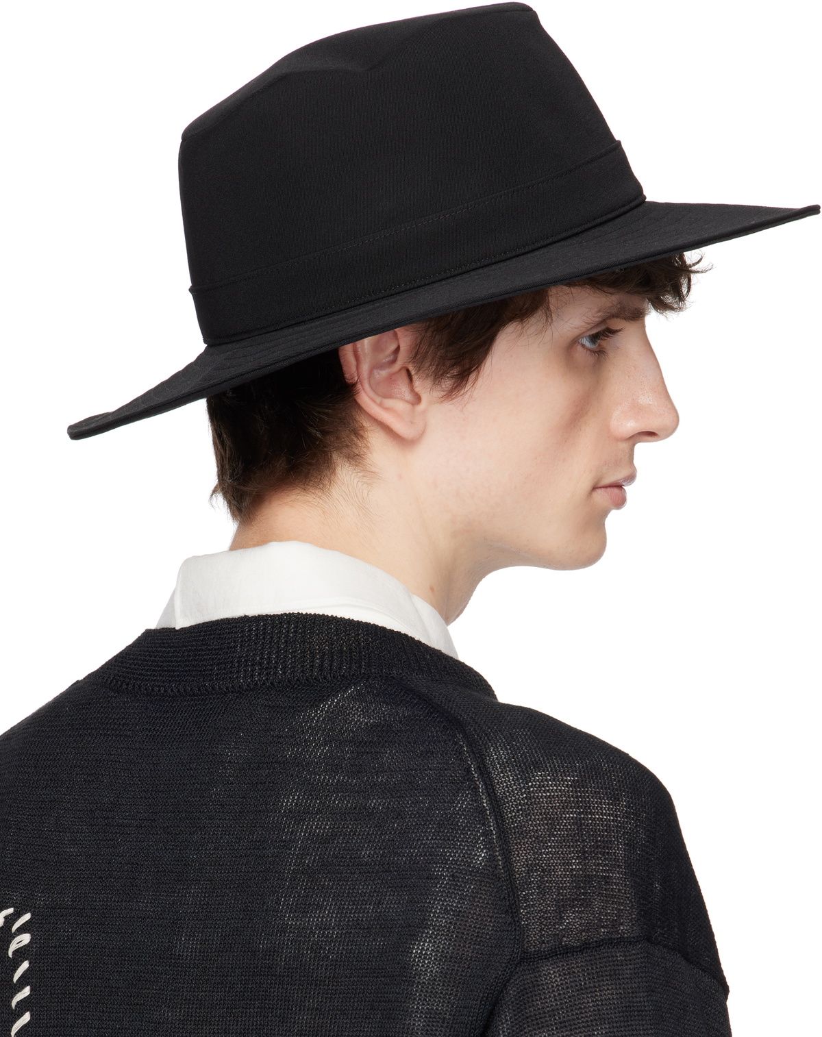 YOHJI YAMAMOTO Black Wool Gabardine Wide Middle Brim Hat