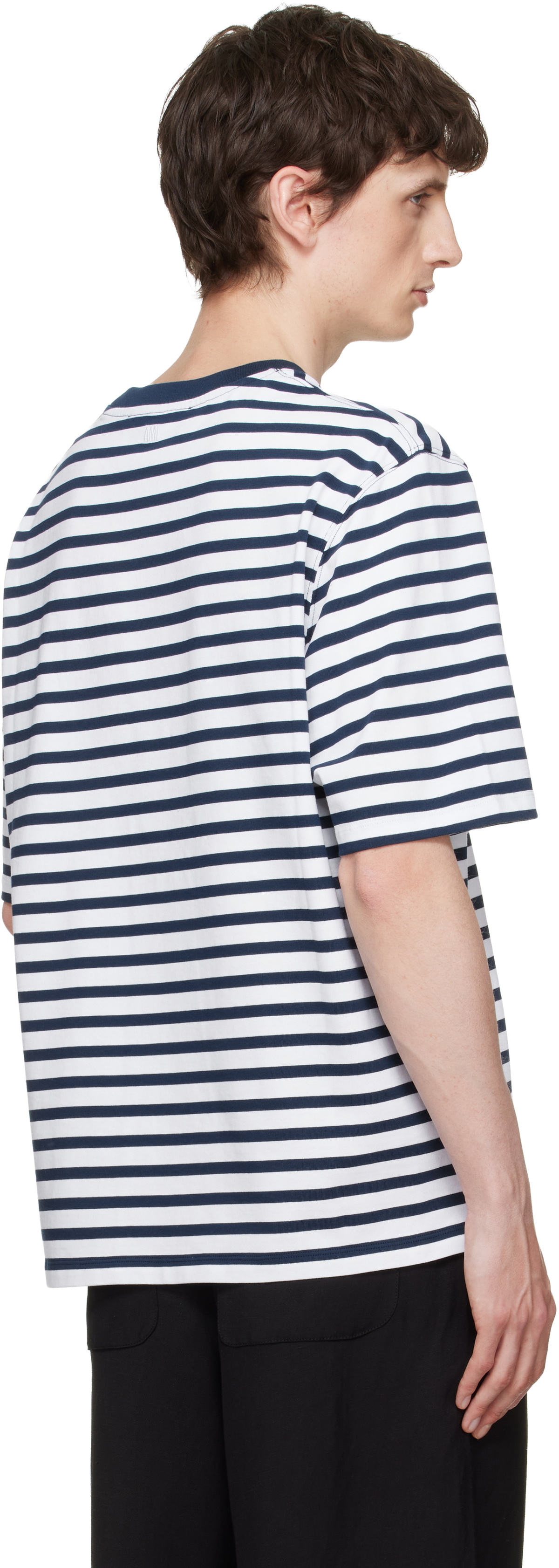 AMI Paris White & Navy Boxy Mariniere 'Ami de Coeur' T-shirt