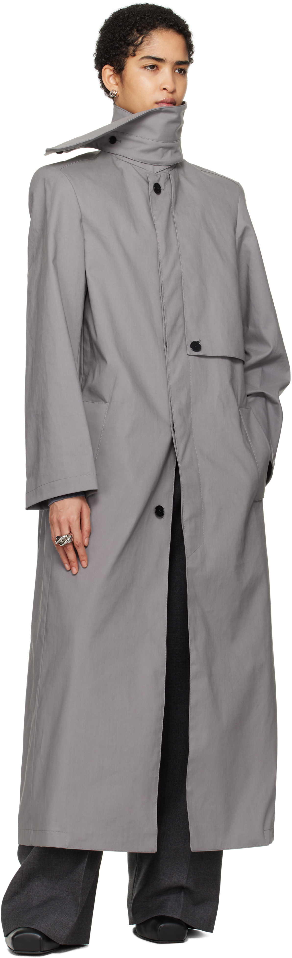 ALAINPAUL Gray Scarf Collar Trench Coat