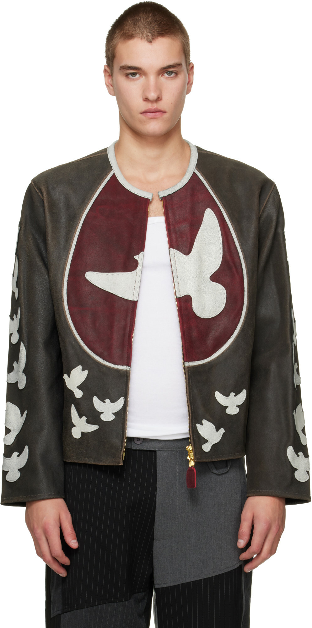 KidSuper Black 'Doves' Distressed Moto Leather Jacket