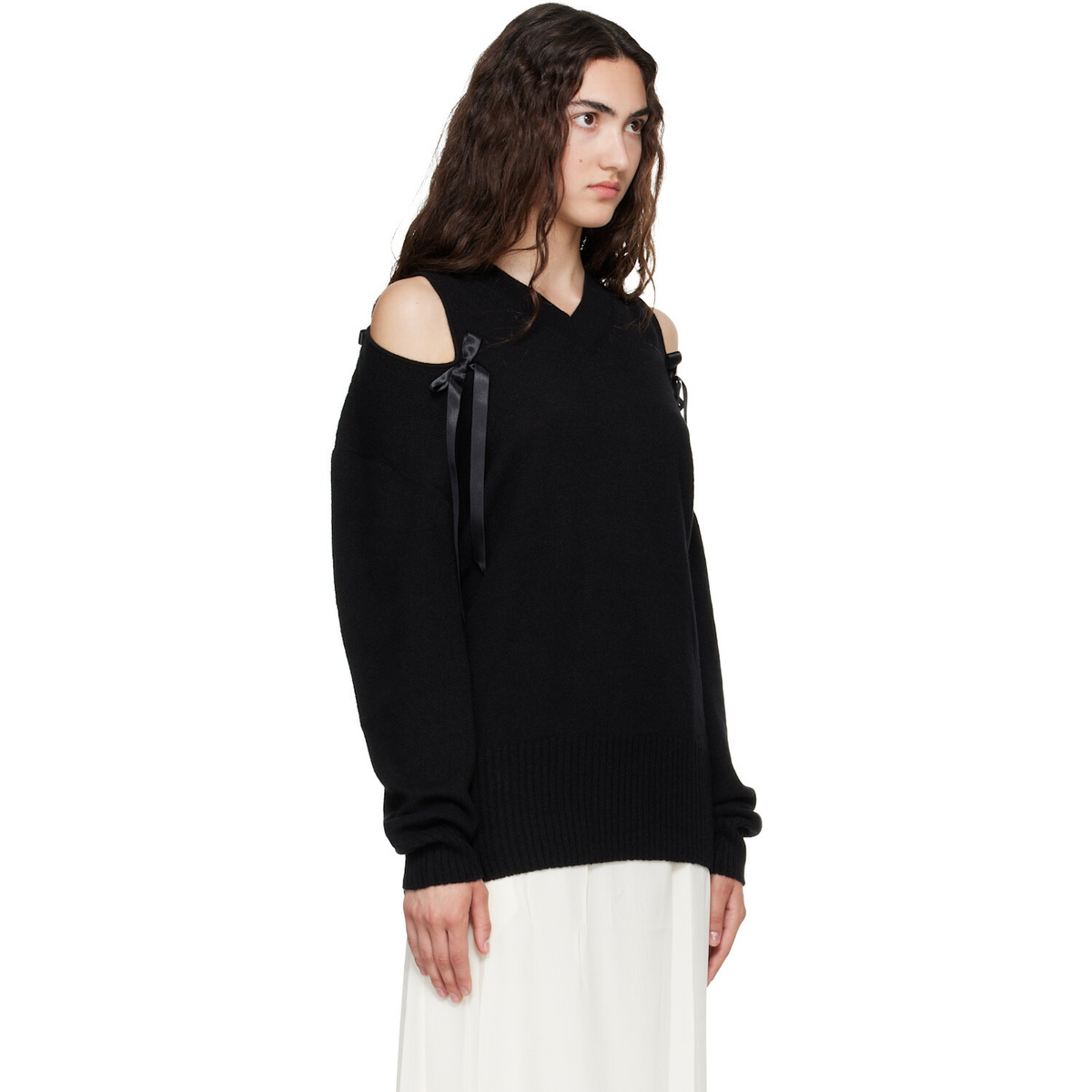 Simone Rocha Black Relaxed Cashmere Slash V-Neck Bow Sweater
