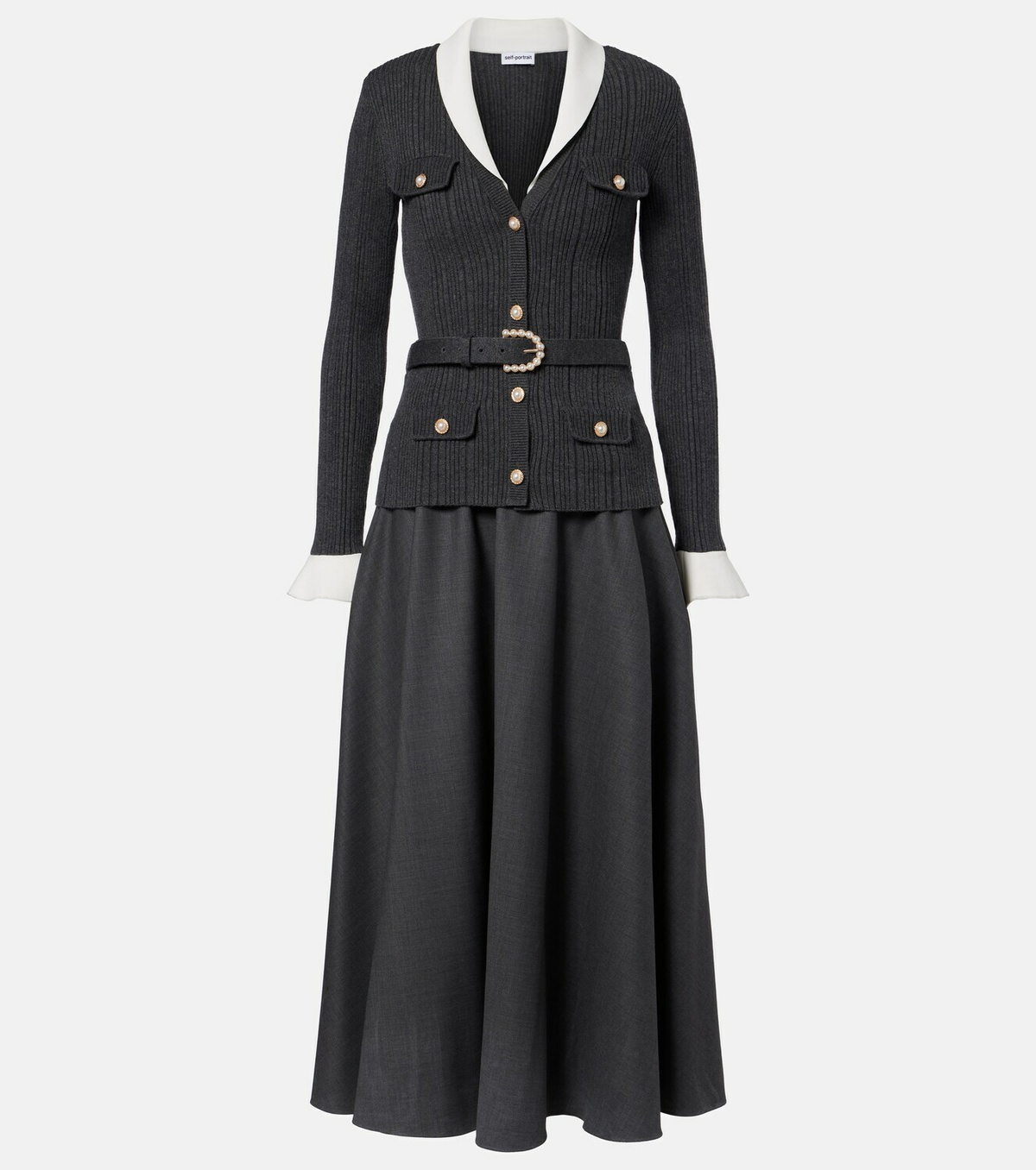 Self-Portrait Belted ribbed-knit midi dress
