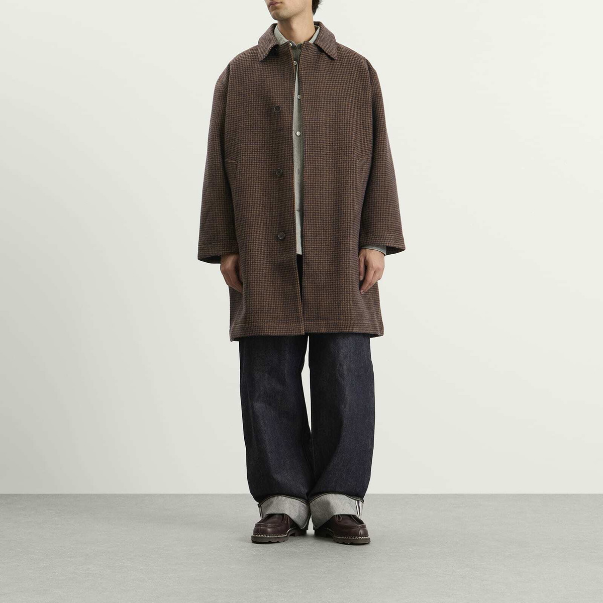 Universal Works Men's Wool Tweed Mix Stan Coat in Navy/Brown