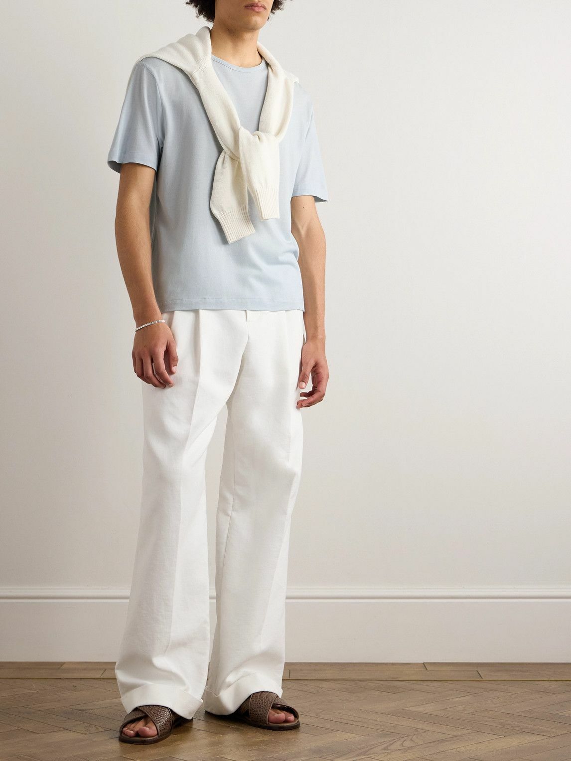 Stòffa - Cotton and Silk-Blend Piquè T-Shirt - Blue