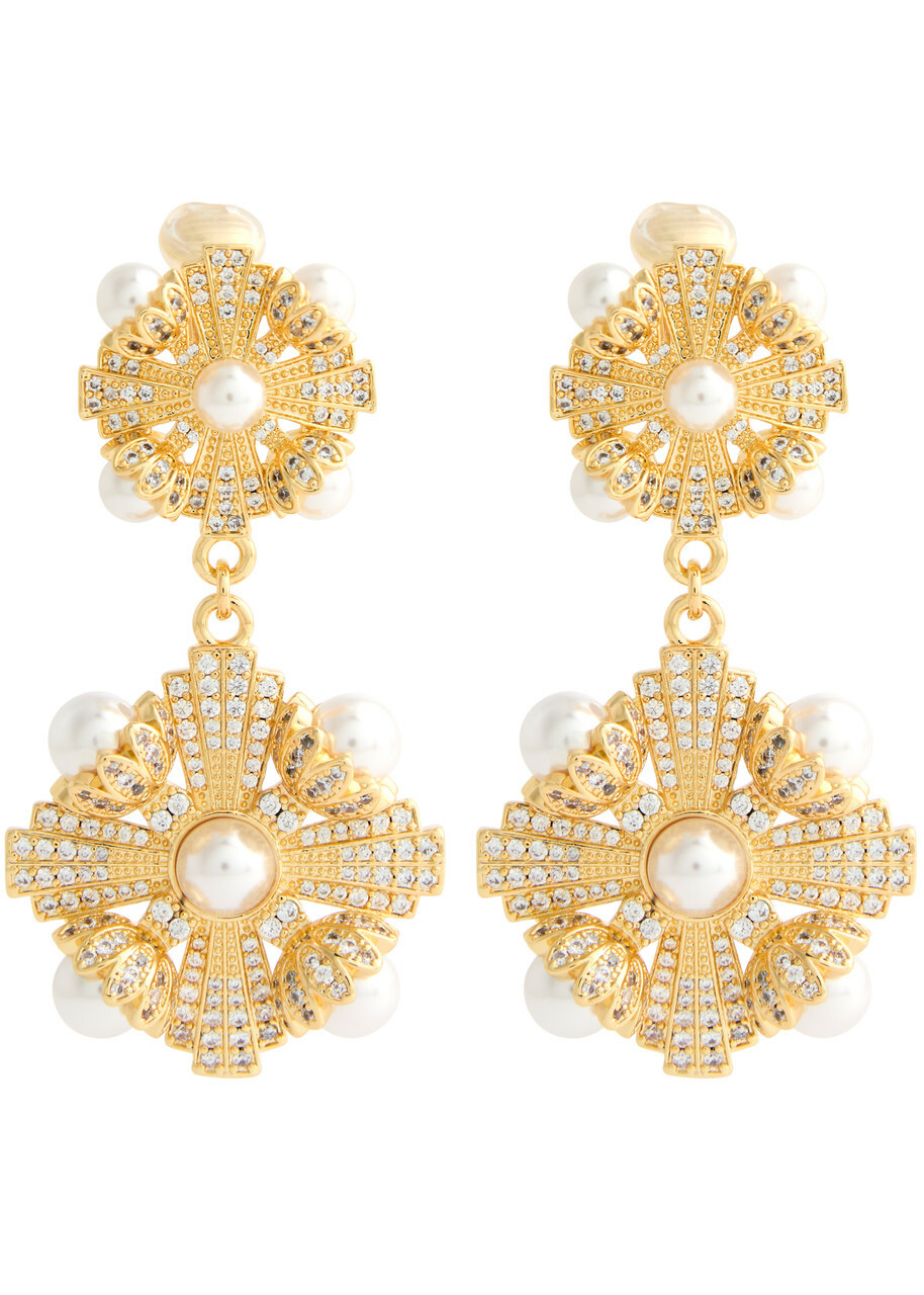 Self-portrait Embellished Gold-plated Clip-on Drop Earrings - One Size
