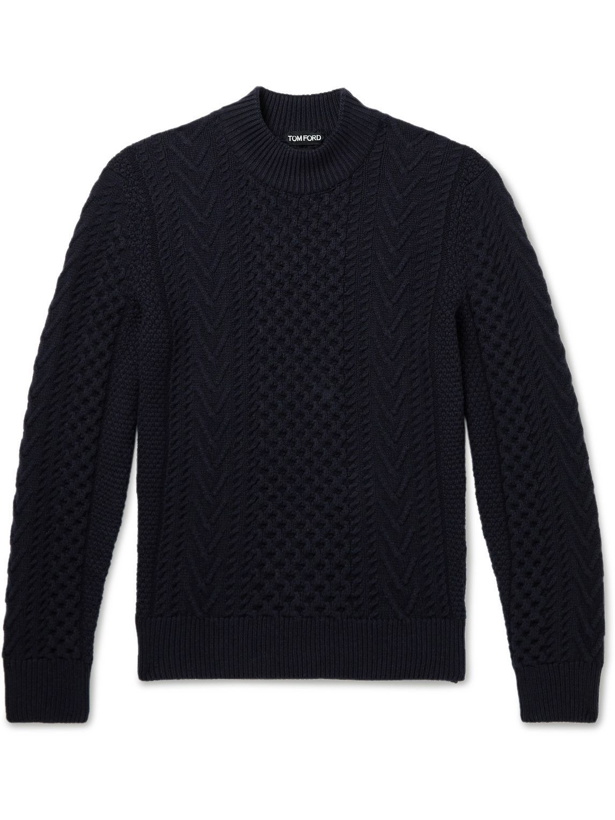 Photo: TOM FORD - Cable-Knit Wool, Cotton and Cashmere-Blend Mock-Neck Sweater - Blue