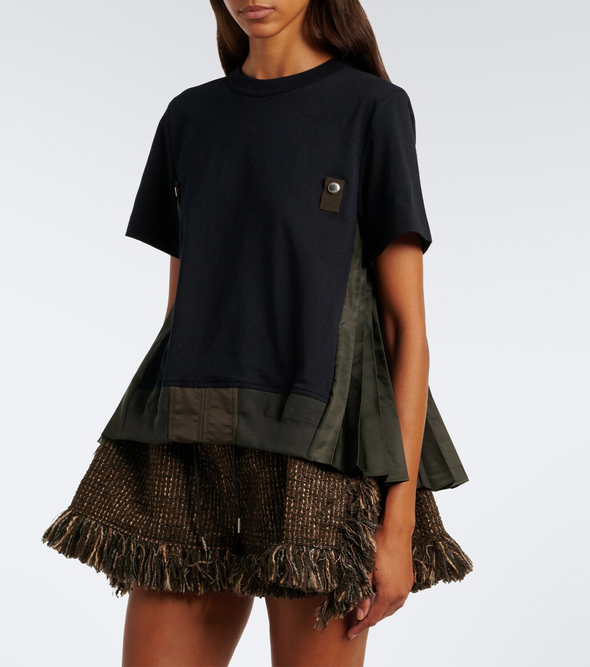 Sacai Paneled plissé cotton jersey T-shirt