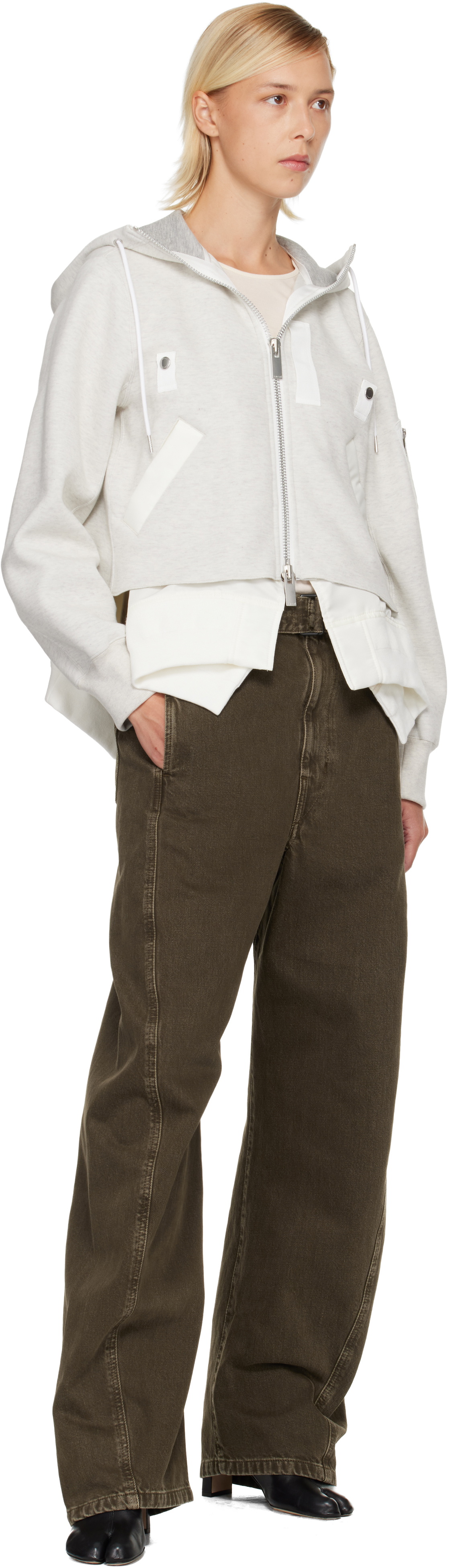 sacai Gray & White Sponge Sweat & Nylon Twill Hoodie