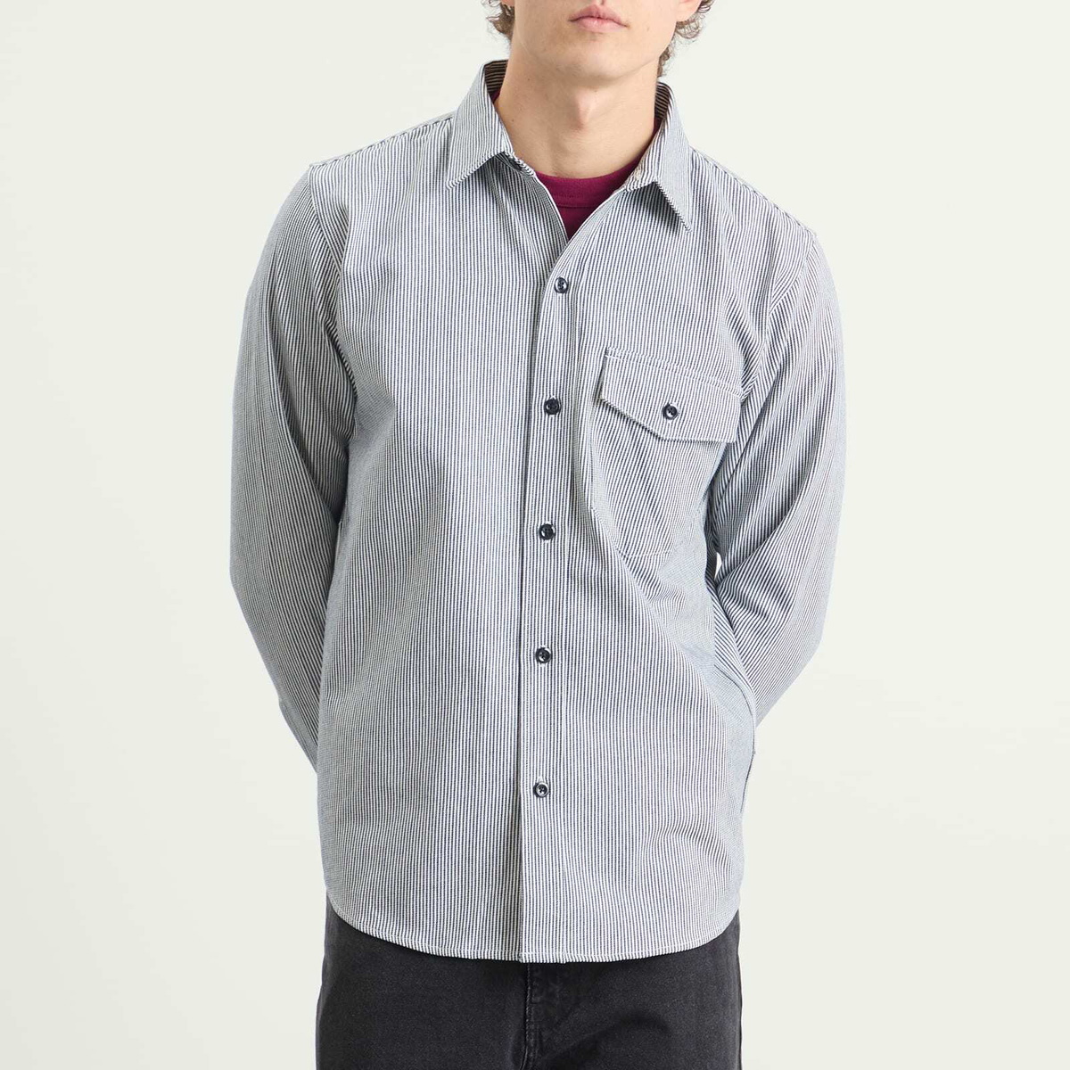 Randy's Garments Men's Randy’s Garments  1 Pocket Shirt in White/Indigo Stripe Denim