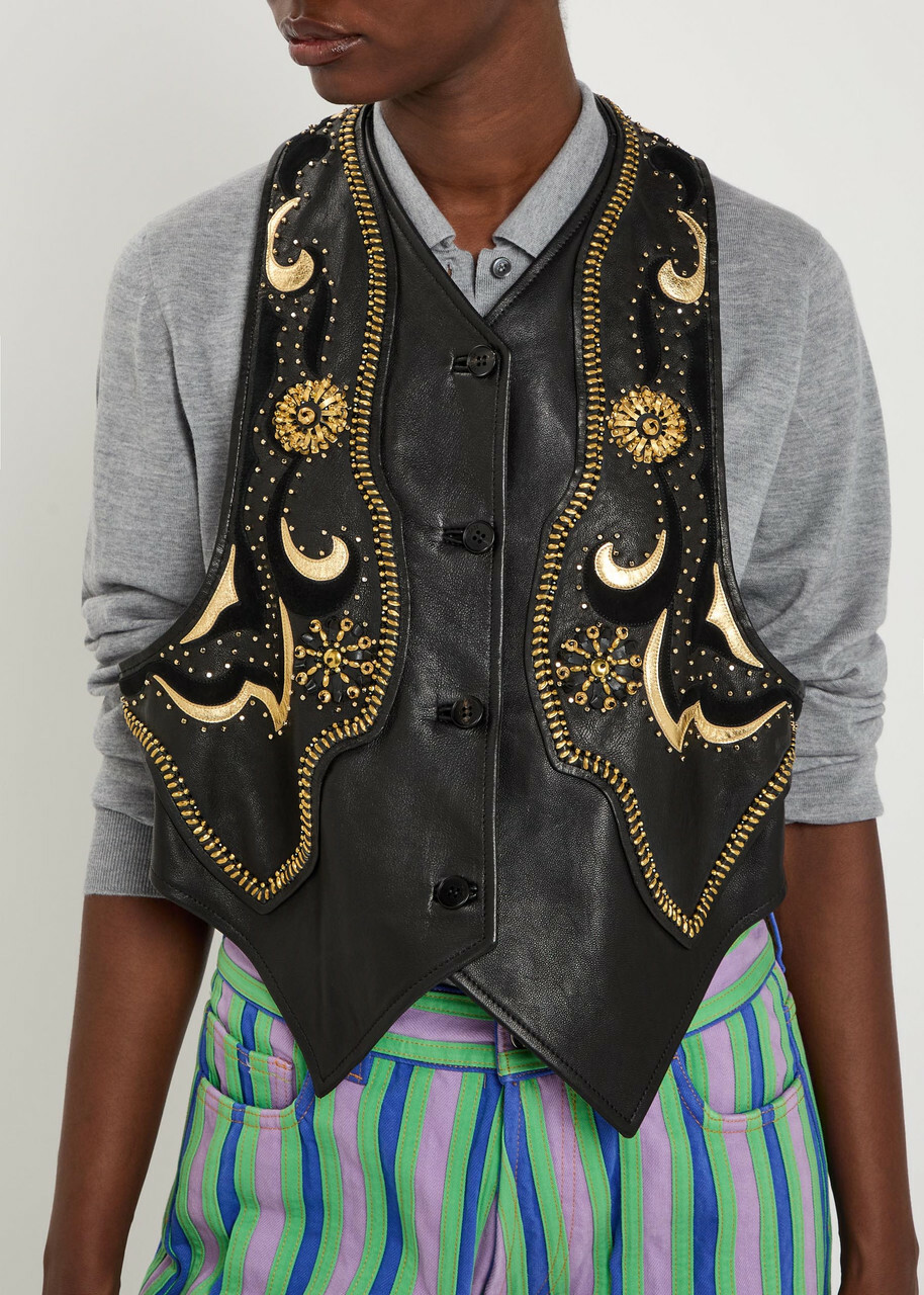 Versace Embellished Panelled Leather Vest Black