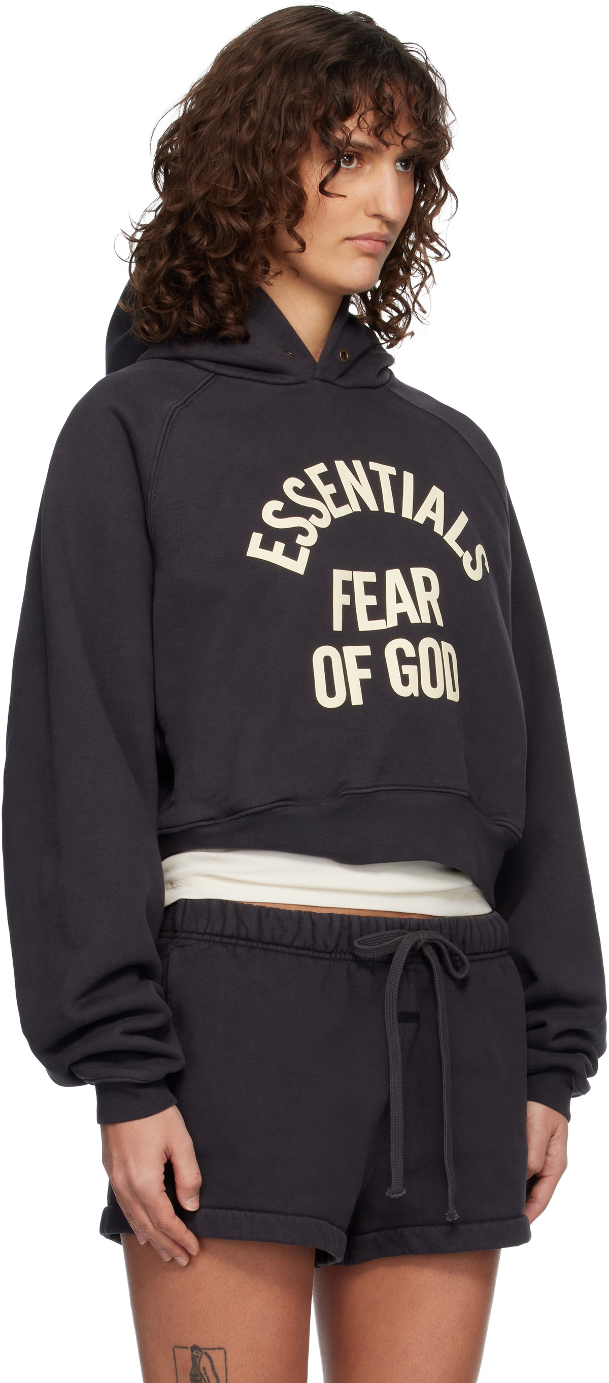 Fear of God ESSENTIALS Black Campus 90's Cropped Raglan Hoodie