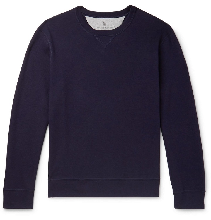 Photo: Brunello Cucinelli - Loopback Cotton-Blend Jersey Sweatshirt - Blue