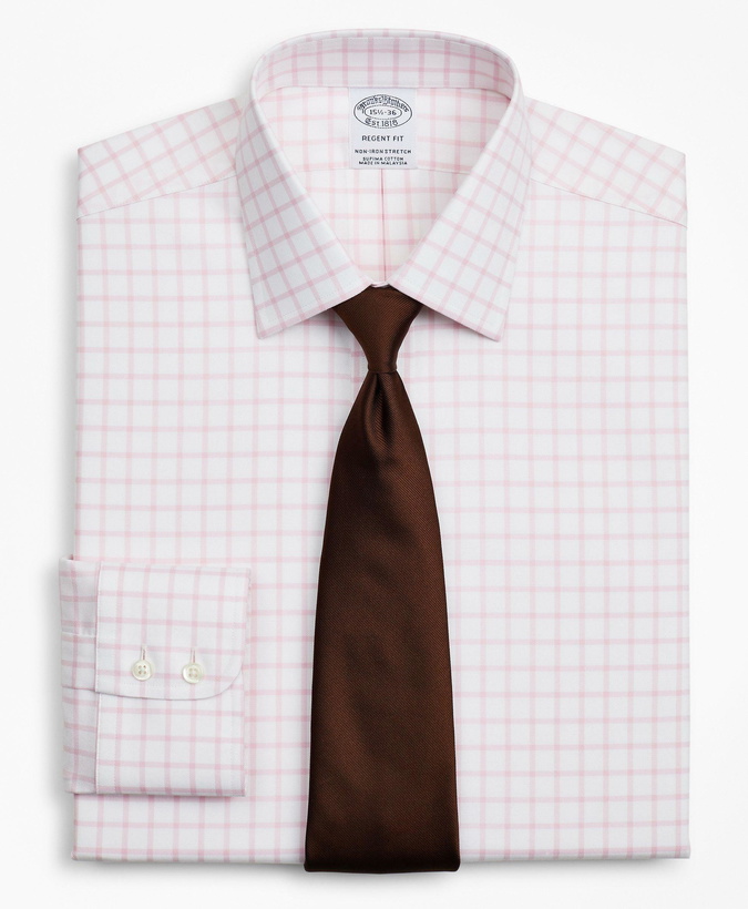 Photo: Brooks Brothers Men's Stretch Regent Regular-Fit Dress Shirt, Non-Iron Twill Ainsley Collar Grid Check | Pink