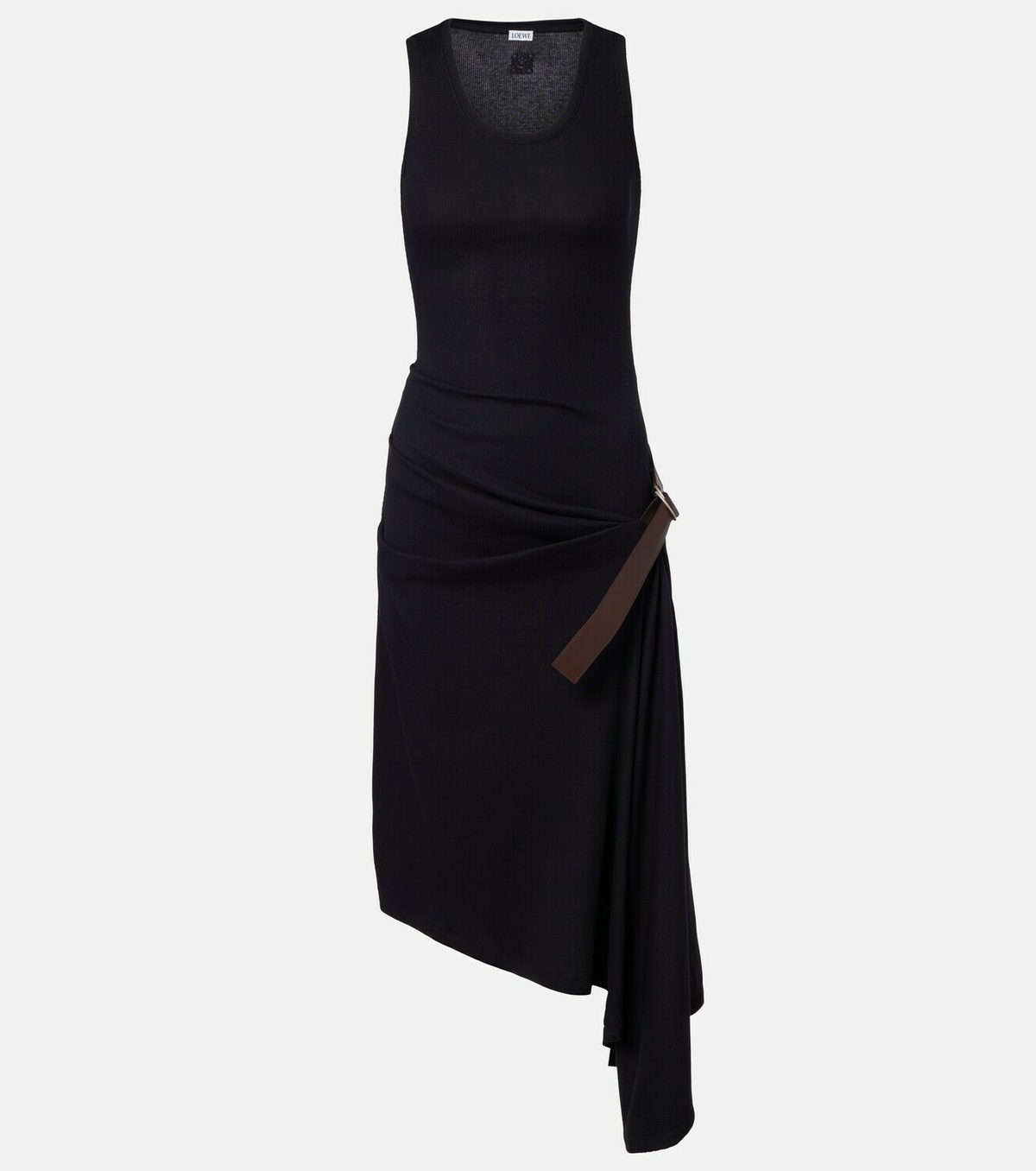 Loewe Belted ribbed-knit draped cotton-blend midi dress