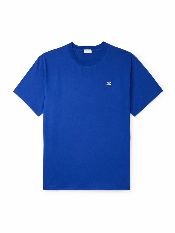 Photo: CELINE - Triomphe Logo-Embroidered Cotton-Jersey T-Shirt - Blue