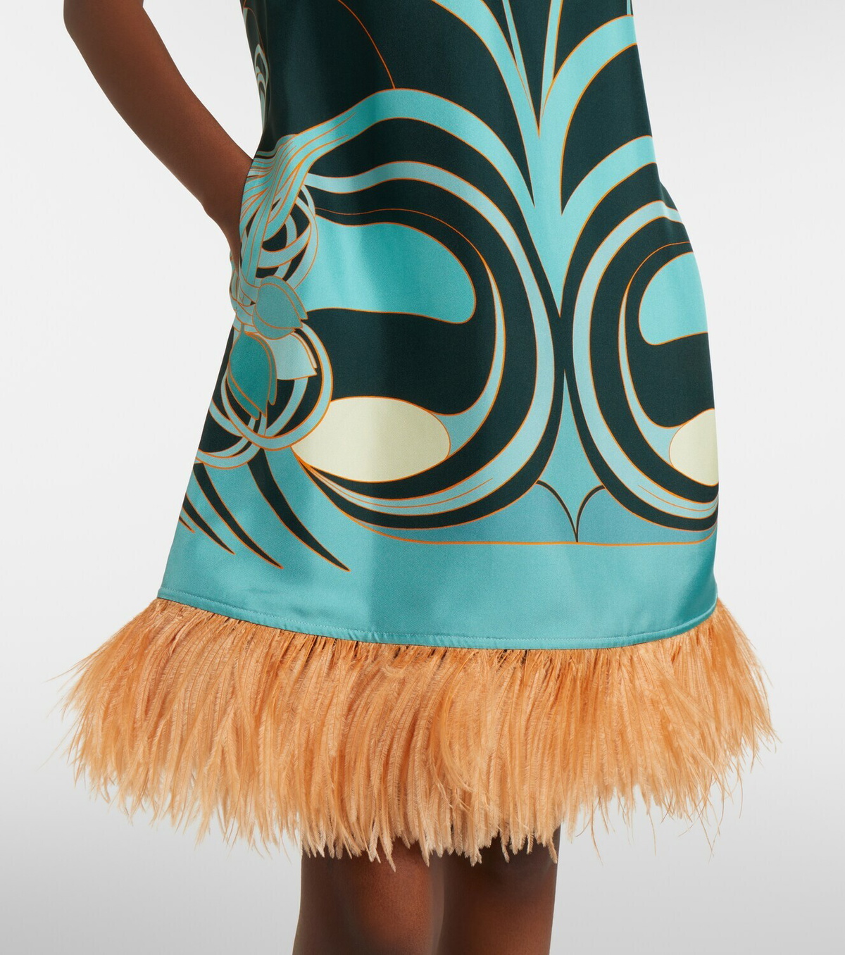 La DoubleJ Swing feather-trimmed floral silk twill minidress