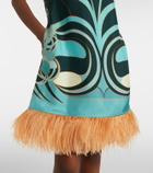La DoubleJ Swing feather-trimmed floral silk twill minidress