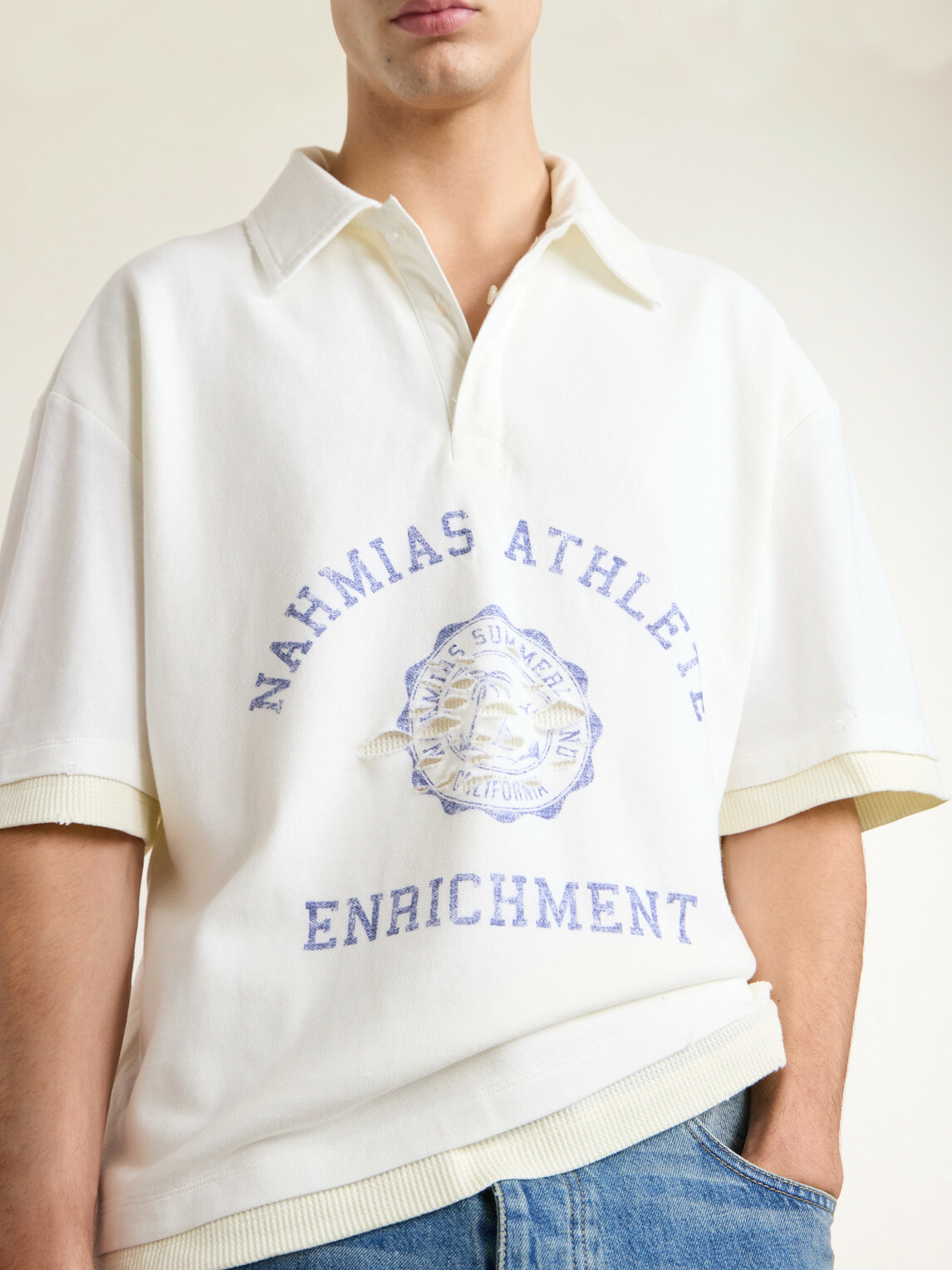 NAHMIAS - Destroyed Logo-Print Pointelle-Knit Cotton Polo Shirt - White