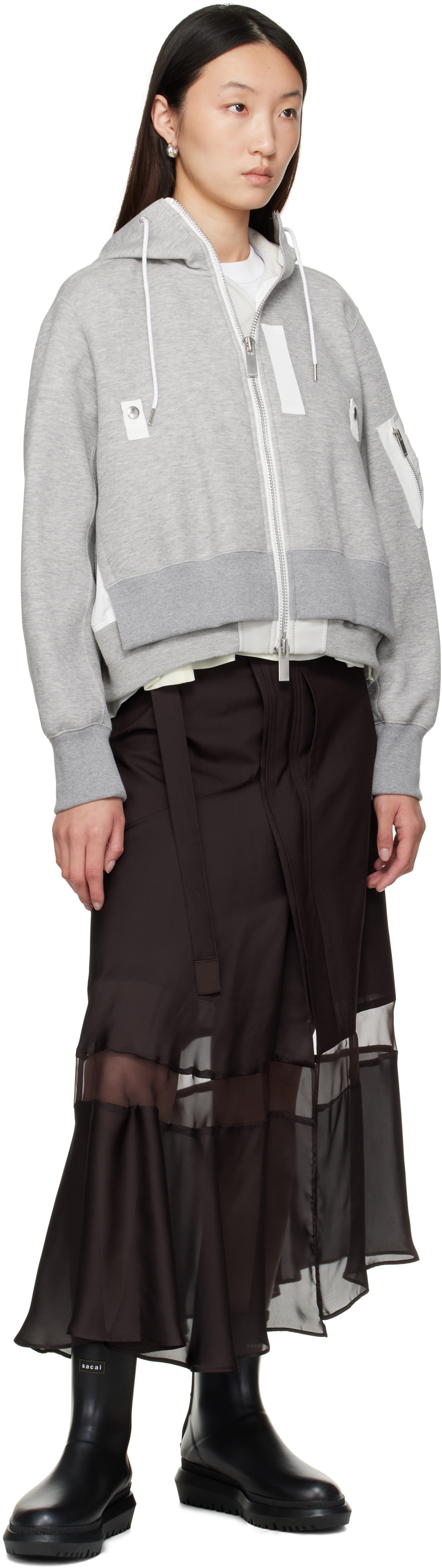 sacai Gray Sponge Sweat x Nylon Twill Hoodie