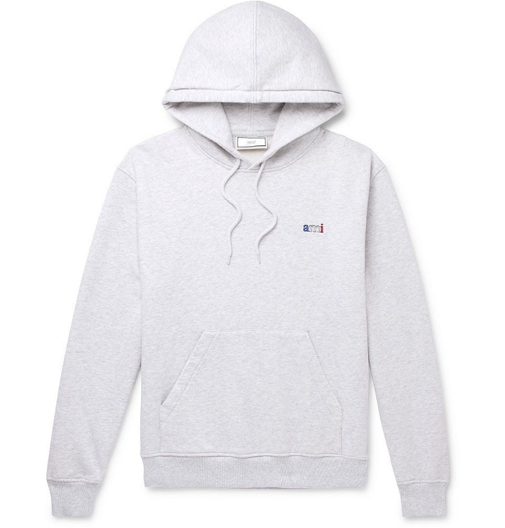 Photo: AMI - Logo-Embroidered Mélange Loopback Cotton-Jersey Hoodie - Gray