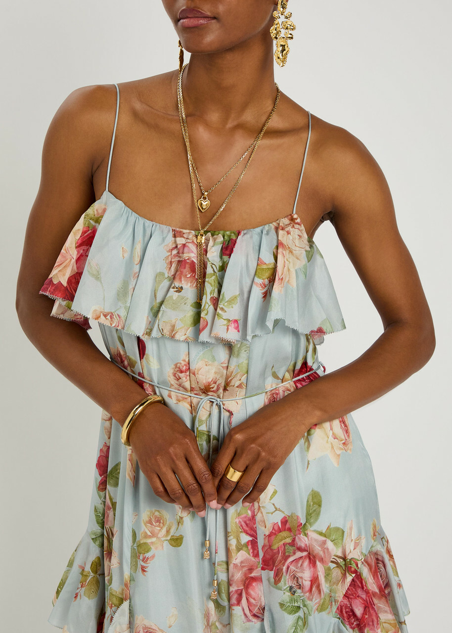 Zimmermann Roselight Floral-print Ruffled Silk Maxi Dress Blue