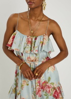 Zimmermann Roselight Floral-print Ruffled Silk Maxi Dress Blue