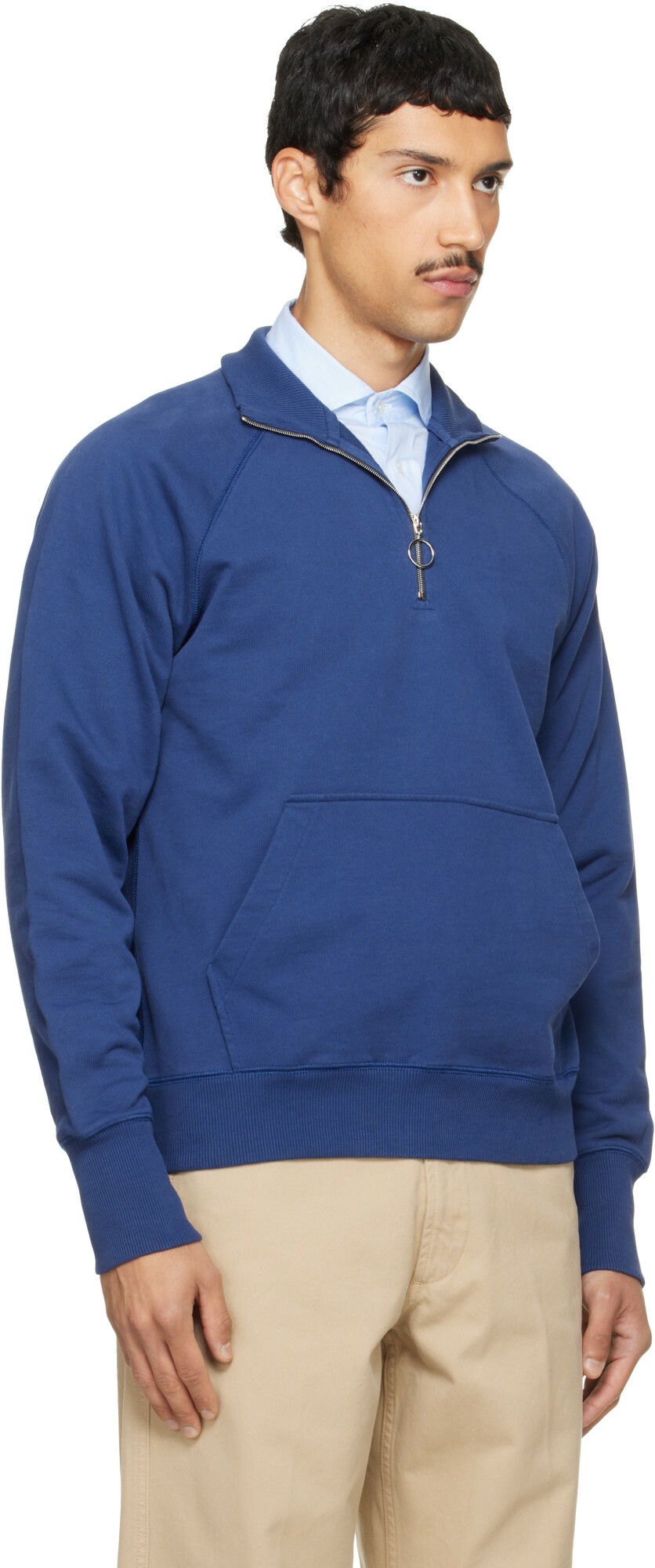 Drake's Blue Cotton Quarter Zip Sweatshirt Drake's
