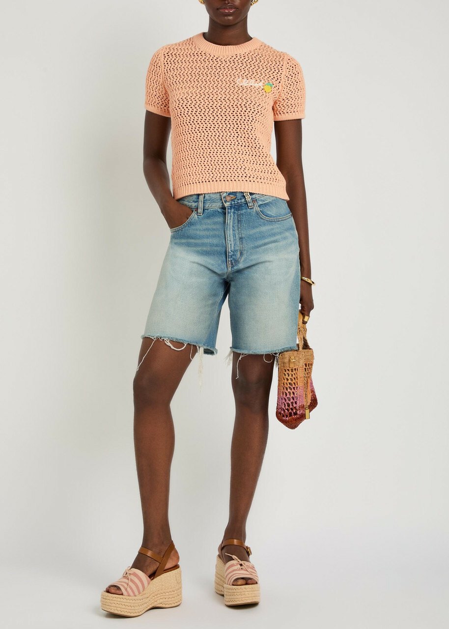 Chloe Logo-intarsia Open-knit Cotton T-shirt Orange Light