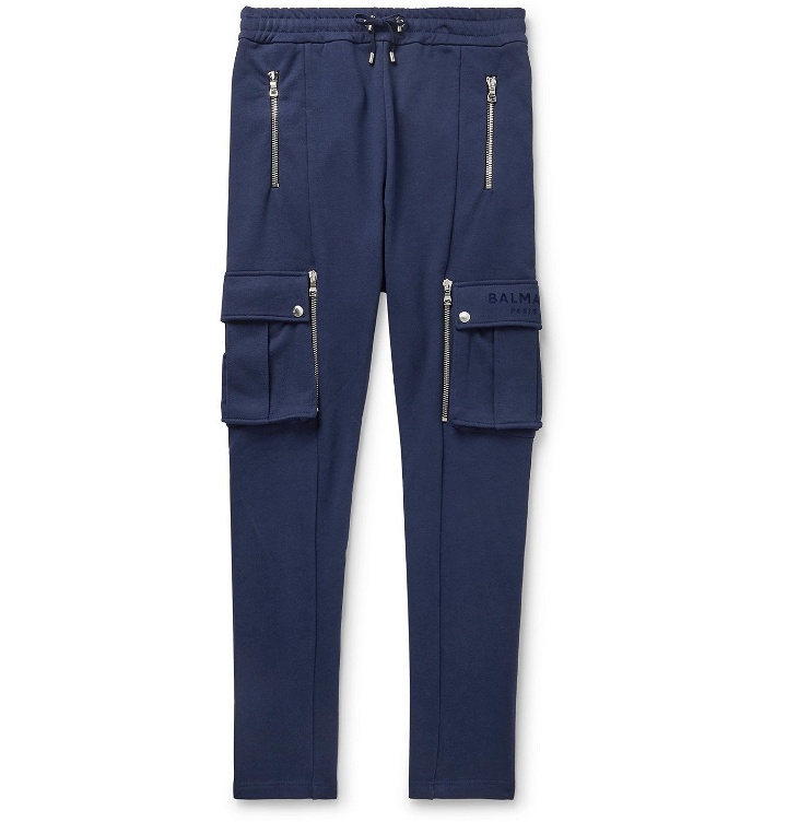 Photo: Balmain - Tapered Logo-Print Loopback Cotton-Jersey Sweatpants - Blue