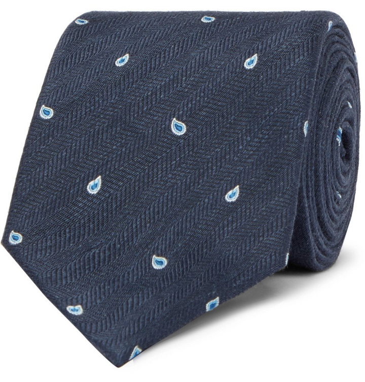 Photo: Dunhill - 7cm Paisley-Embroidered Herringbone Linen and Mulberry Silk-Blend Tie - Men - Navy