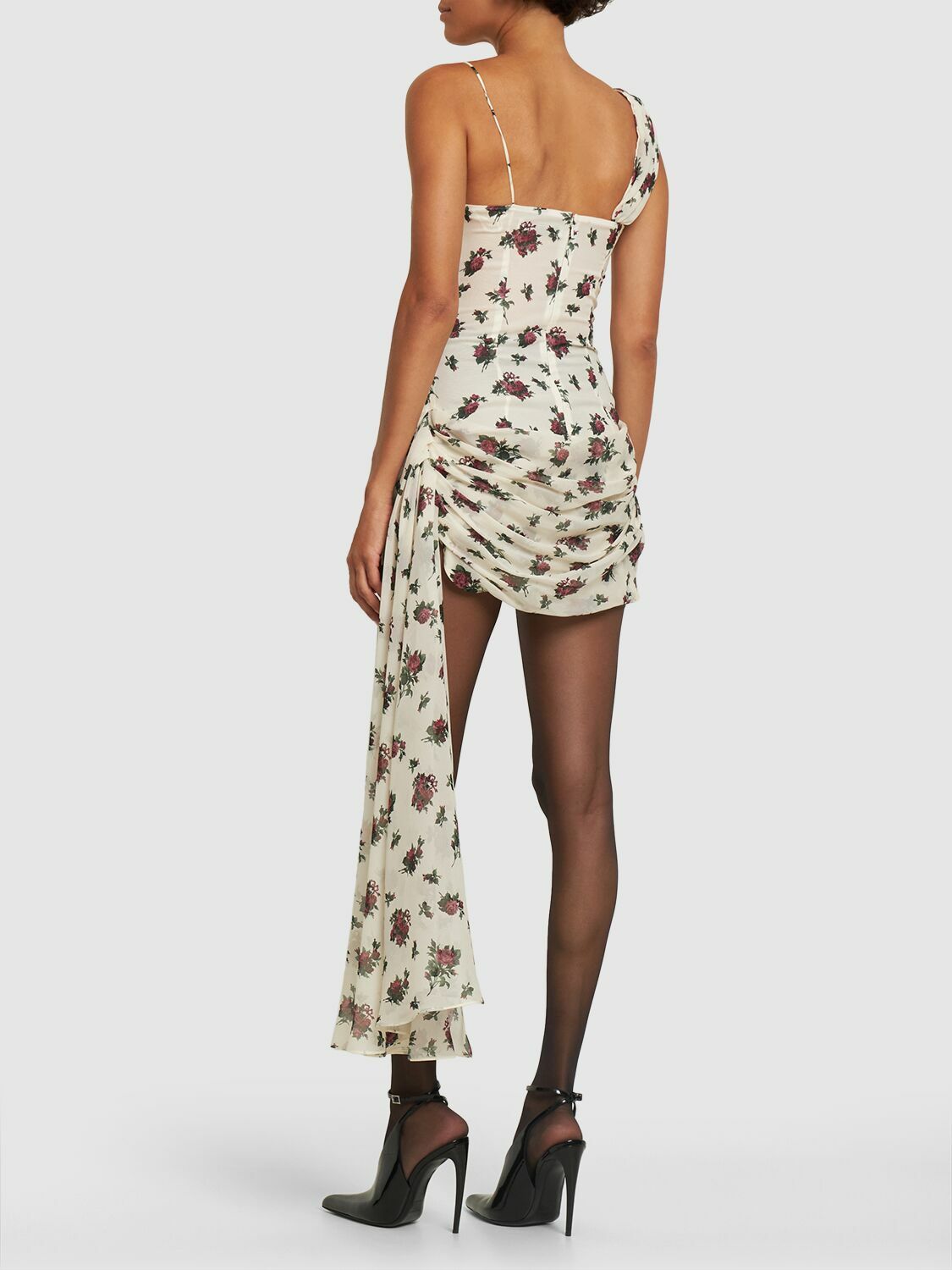 ALESSANDRA RICH Print Draped Silk Twill Mini Dress W/bow