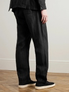 Oliver Spencer - Straight-Leg Belted Pleated Embroidered Linen Trousers - Black